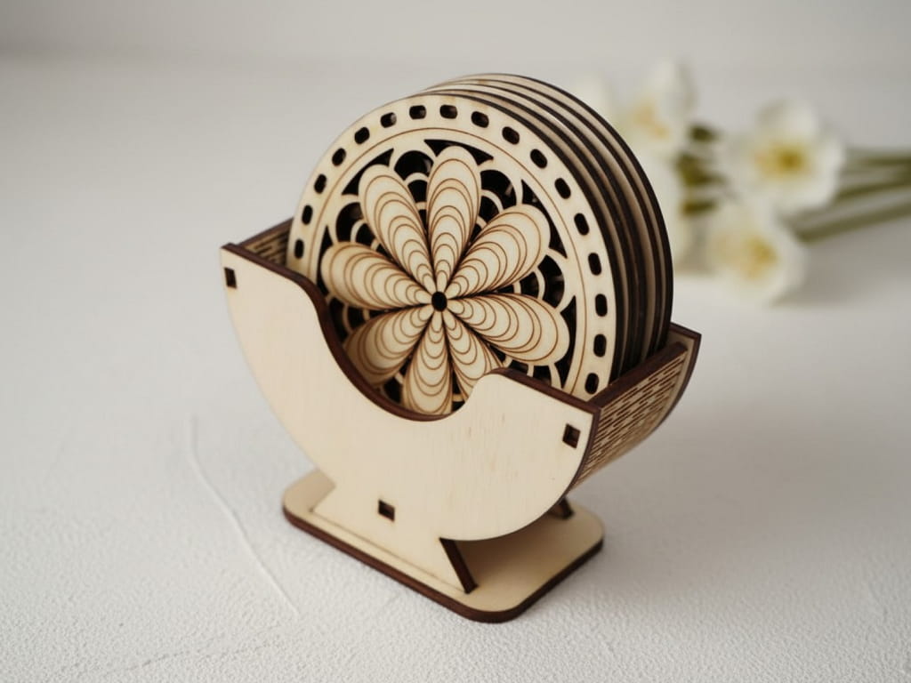 Laser Cut Flower Mandala Wooden Coasters with Stand