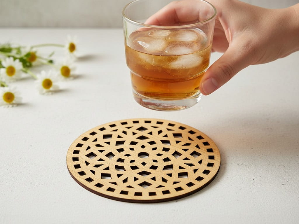 Laser Cut Wooden Drink Coaster with Decorative Mandala Pattern
