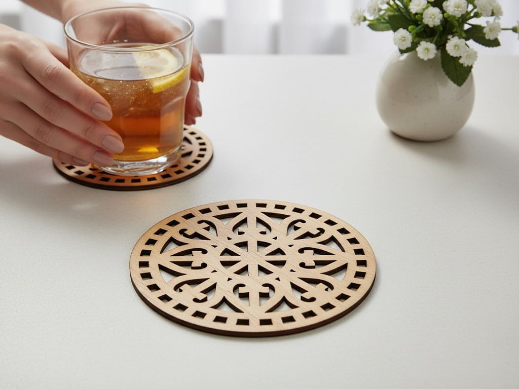 Laser Cut Wooden Drink Coaster with Geometric Mandala Pattern