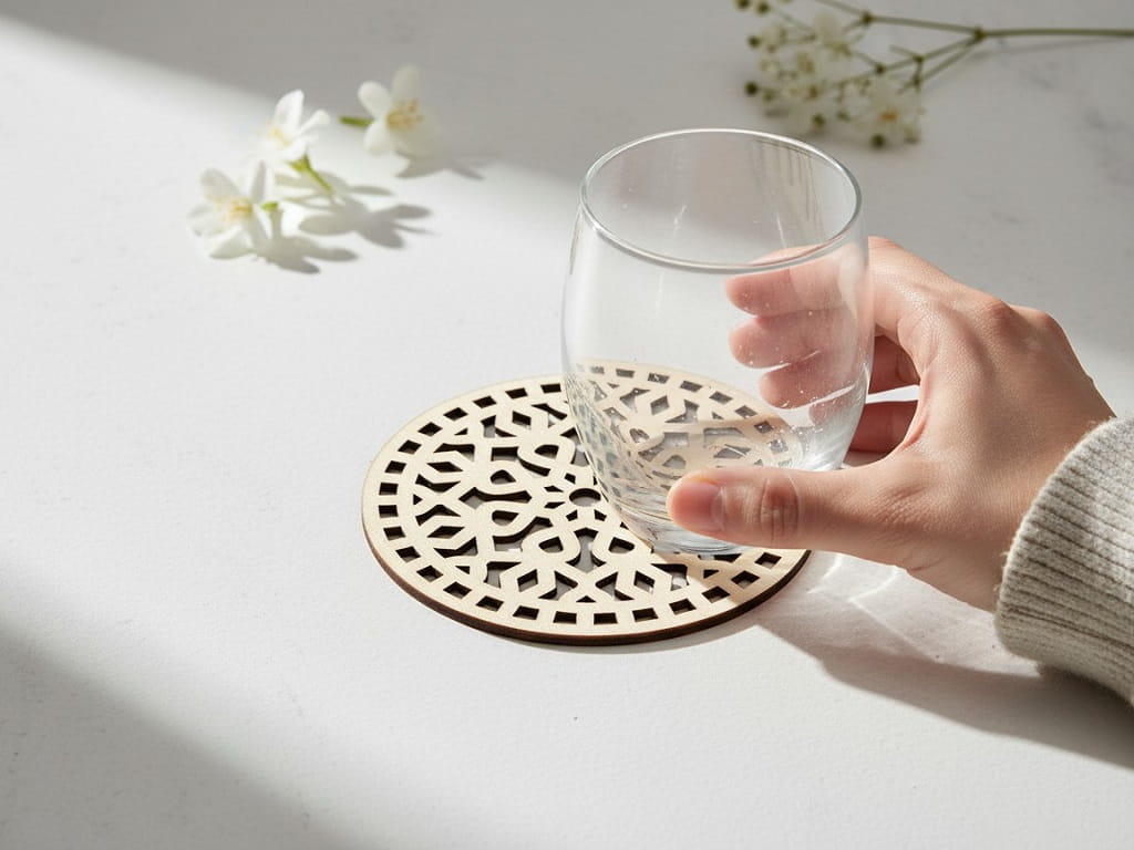 Laser Cut Wooden Drink Coaster with Intricate Geometric Pattern