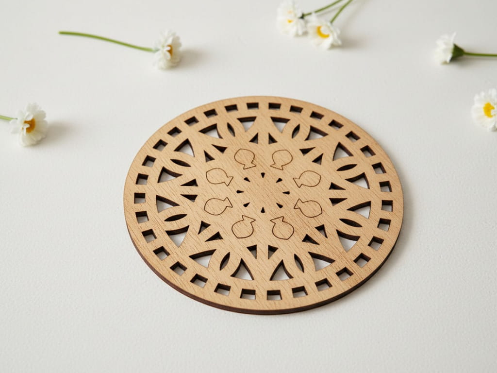 Laser Cut Wooden Drink Coaster with Intricate Geometric Design