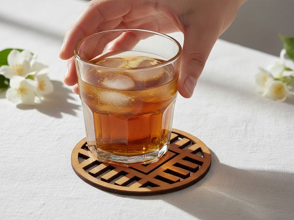 Laser Cut Wooden Drink Coaster with Modern Geometric Grid Pattern