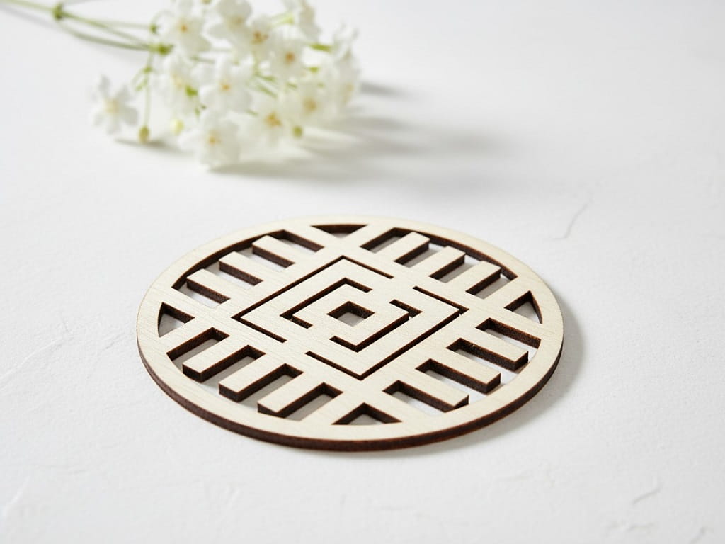 Laser Cut Wooden Drink Coaster with Modern Geometric Grid Pattern