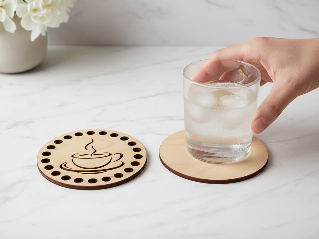 Laser Cut Wooden Coaster with Coffee Cup Design