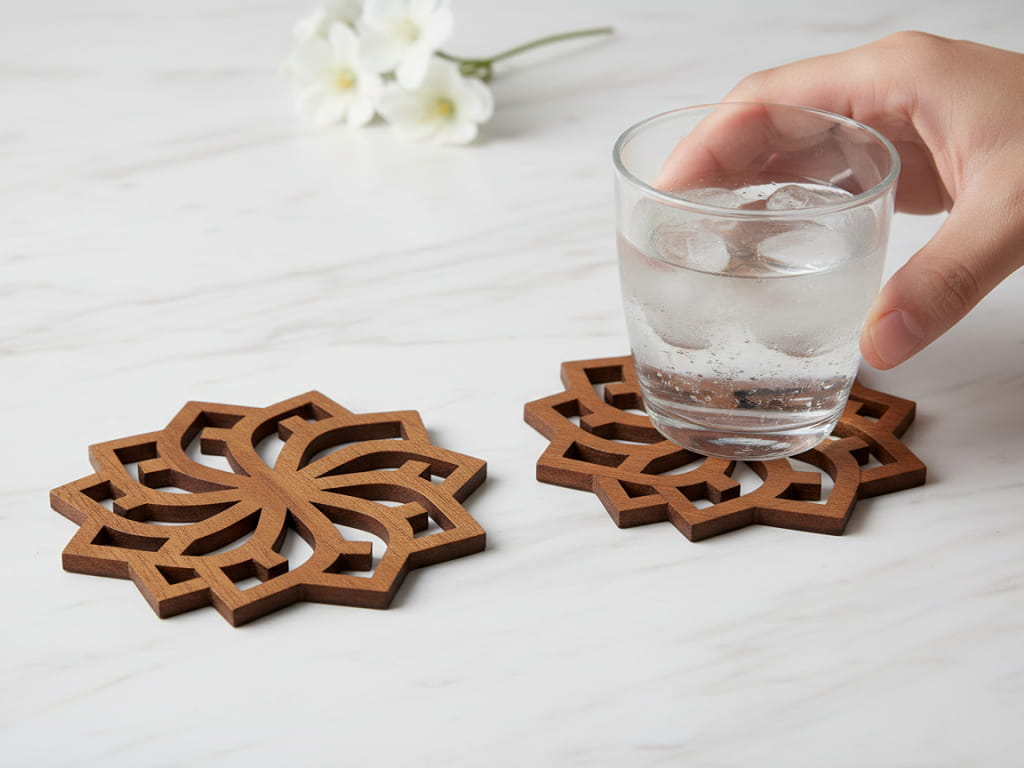 Laser Cut Drink Coaster with Arabesque Geometric Mandala Pattern