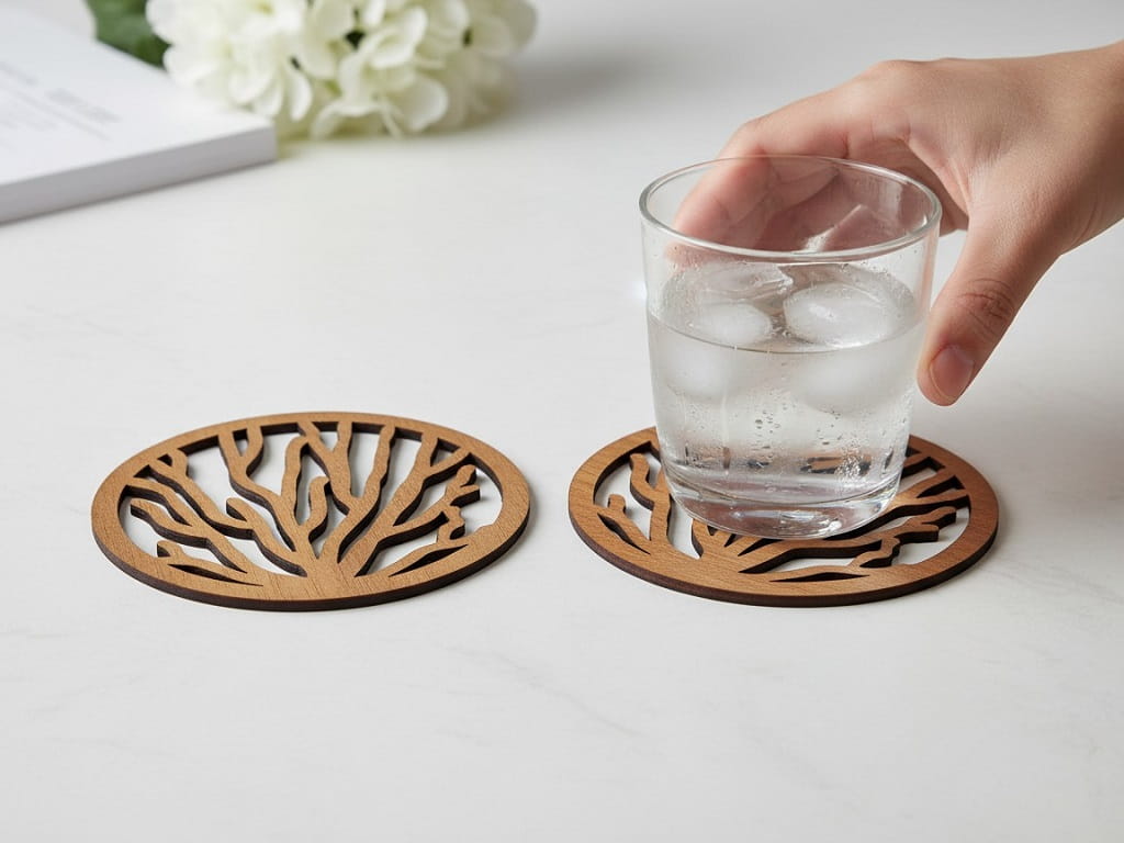Laser Cut Wooden Drink Coaster with Coral Pattern