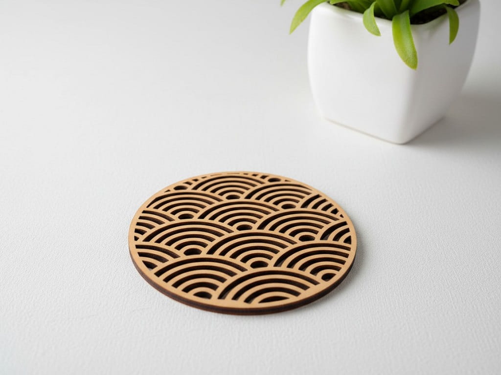 Laser Cut Wooden Drink Coaster with Japanese Seigaiha Pattern