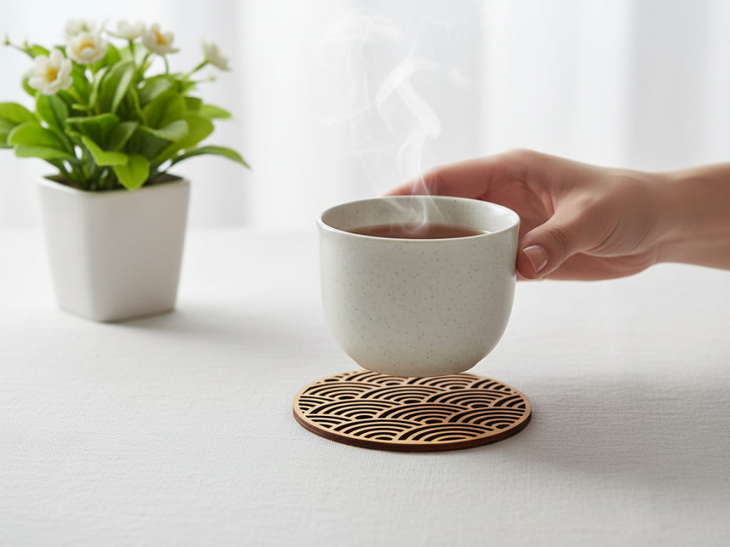 Laser Cut Wooden Drink Coaster with Japanese Seigaiha Pattern