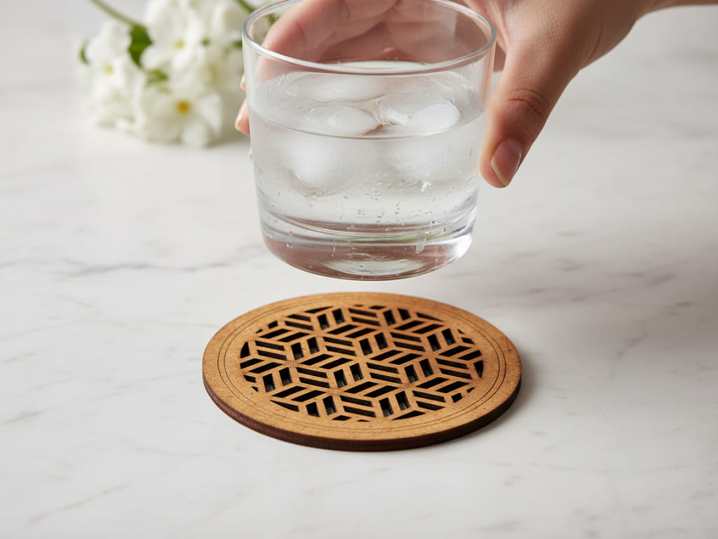 Laser Cut Wooden Drink Coaster with Geometric Lattice Pattern