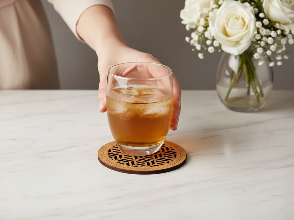 Laser Cut Wooden Drink Coaster with Geometric Lattice Pattern