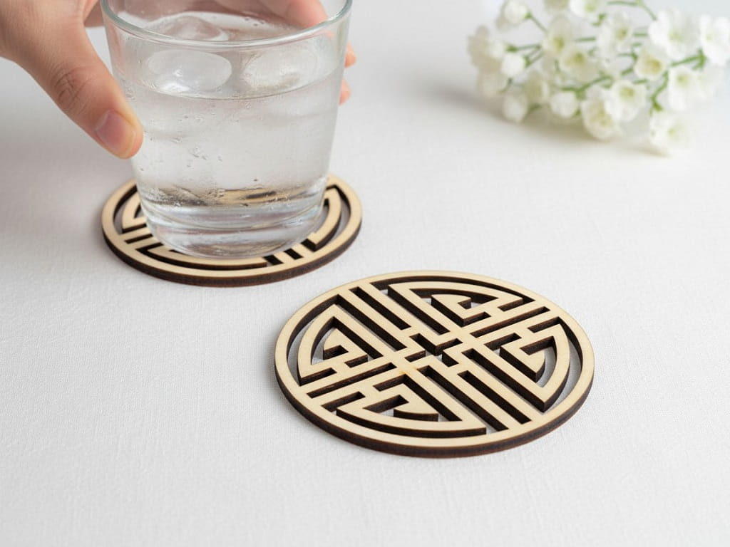 Laser Cut Drink Coaster with Traditional Chinese Geometric Pattern