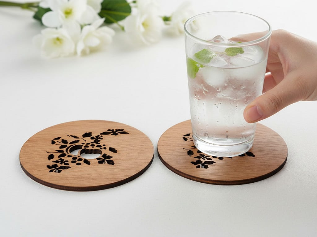 Laser Cut Wooden Floral Drink Coaster for Surface Protection