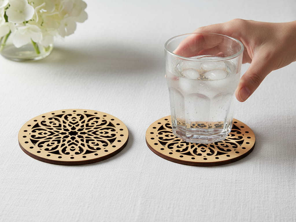 Laser Cut Wooden Drink Coaster with Mandala Rosette Pattern