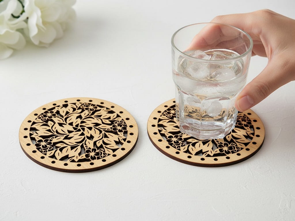 Laser Cut Round Drink Coaster with Floral Leaf Filigree Pattern