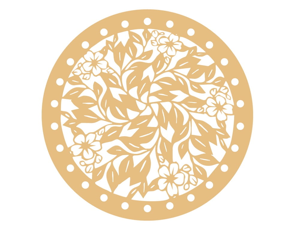 Laser Cut Round Drink Coaster with Floral Leaf Filigree Pattern
