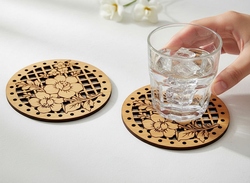 Laser Cut Wooden Beverage Coaster with Floral Lattice Pattern