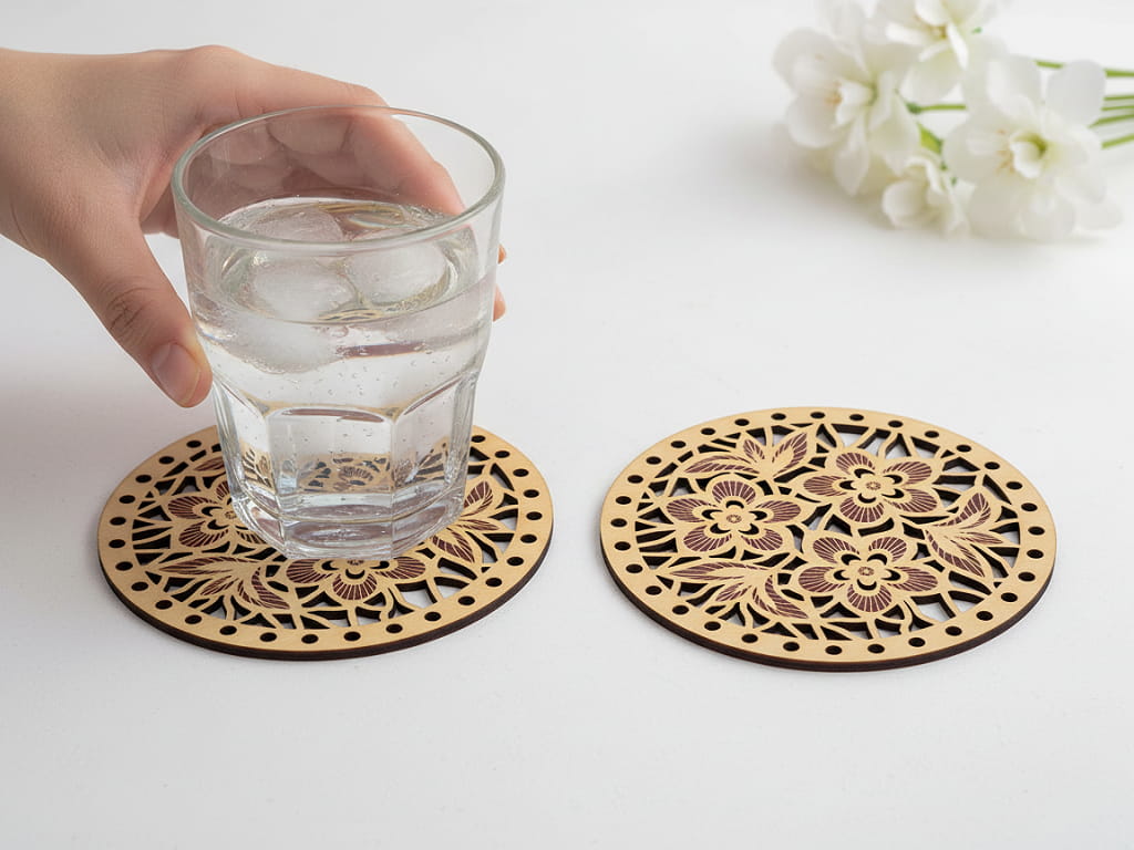 Laser Cut Wooden Drink Coaster with Intricate Floral Filigree Design
