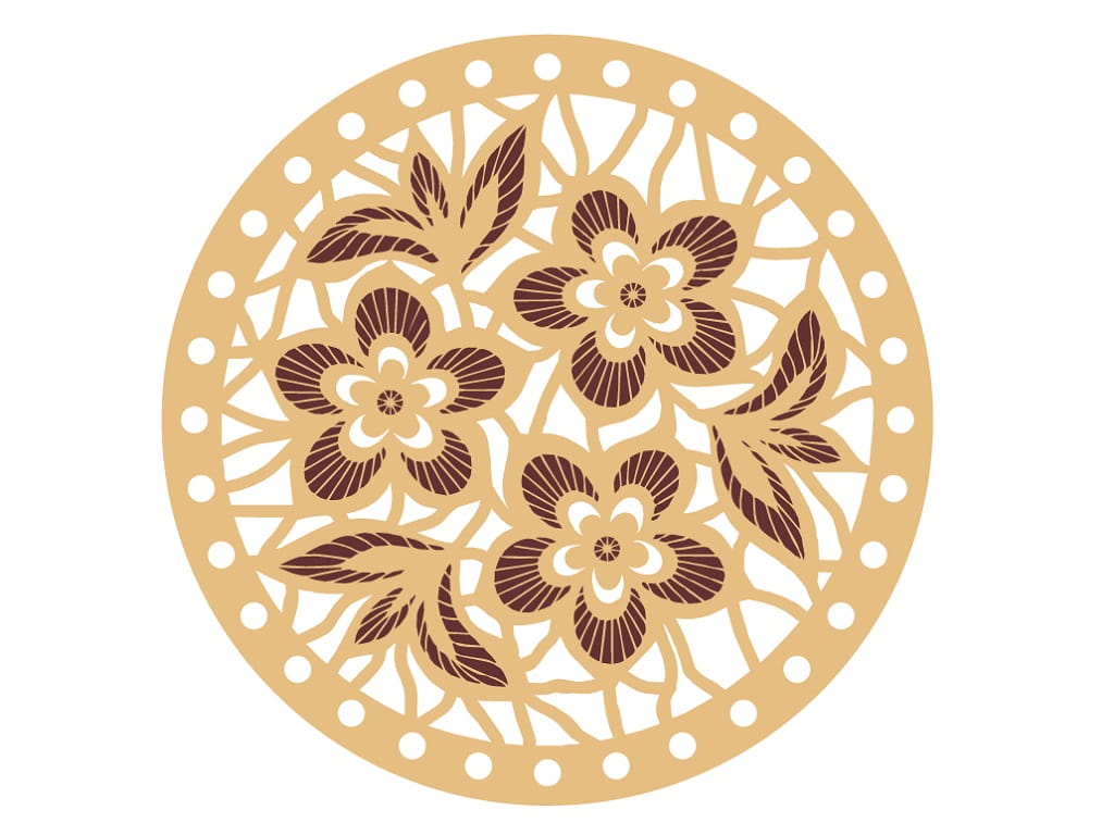 Laser Cut Wooden Drink Coaster with Intricate Floral Filigree Design