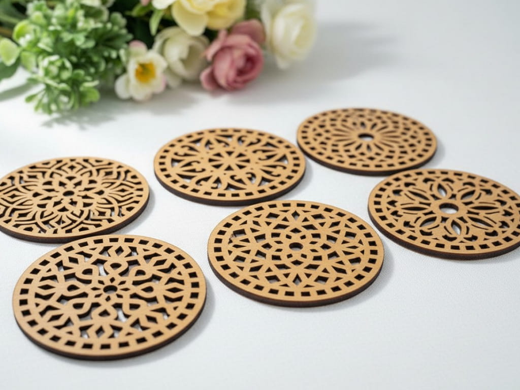 Laser Cut Round Wooden Mandala Coasters Set of Six