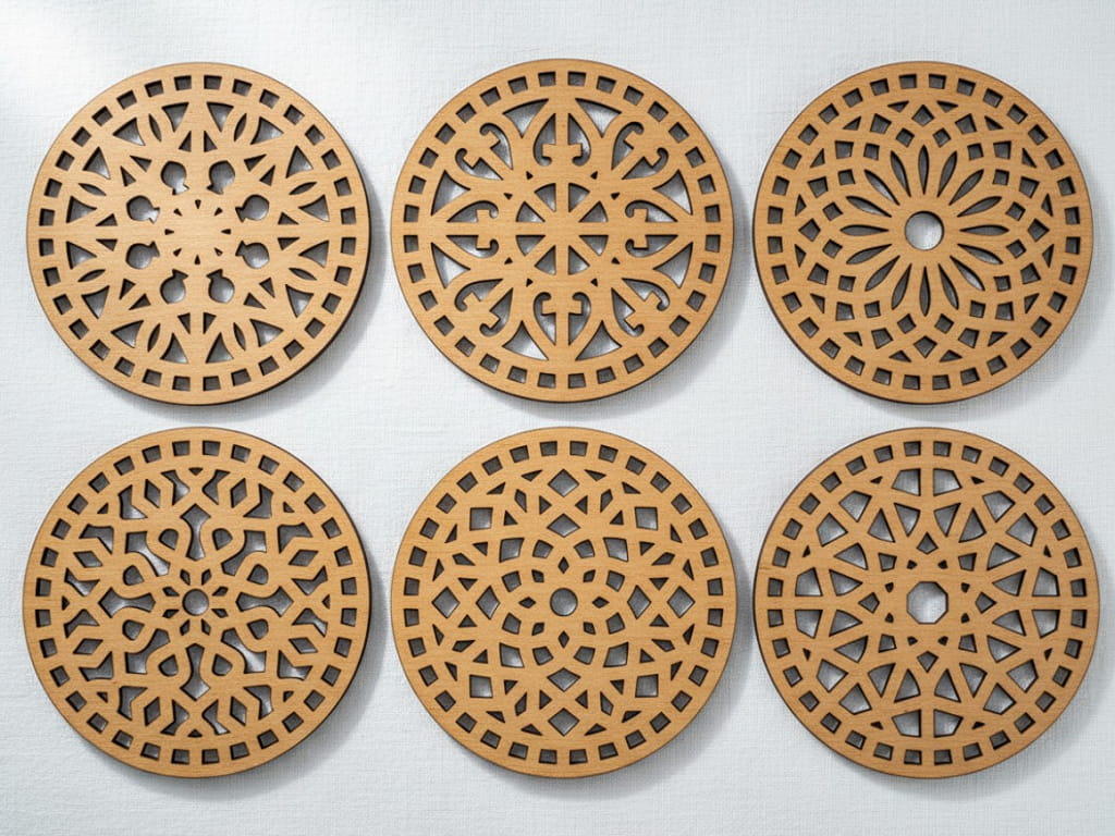 Laser Cut Round Wooden Mandala Coasters Set of Six