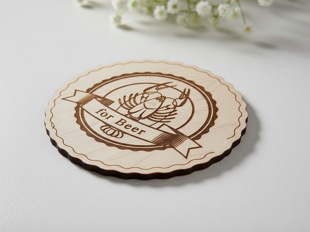 Laser Engraved Wooden Beer Drink Coaster with Crayfish Design