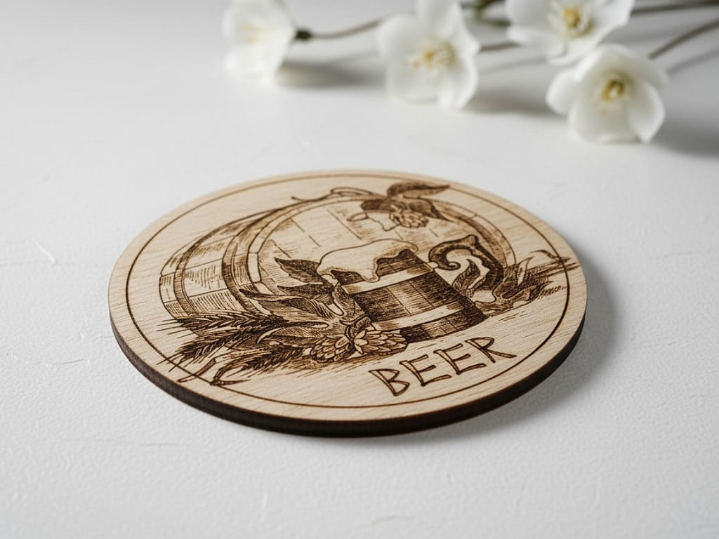 Laser Engraved Drink Coaster with Beer Mug and Barrel Design