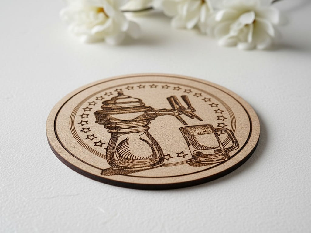 Laser Engraved Drink Coaster with Vintage Coffee Dispenser Design