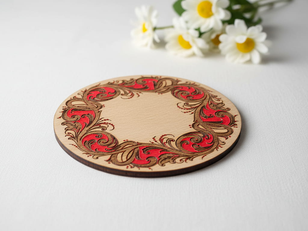 Laser Engraved Round Wooden Floral Drink Coaster