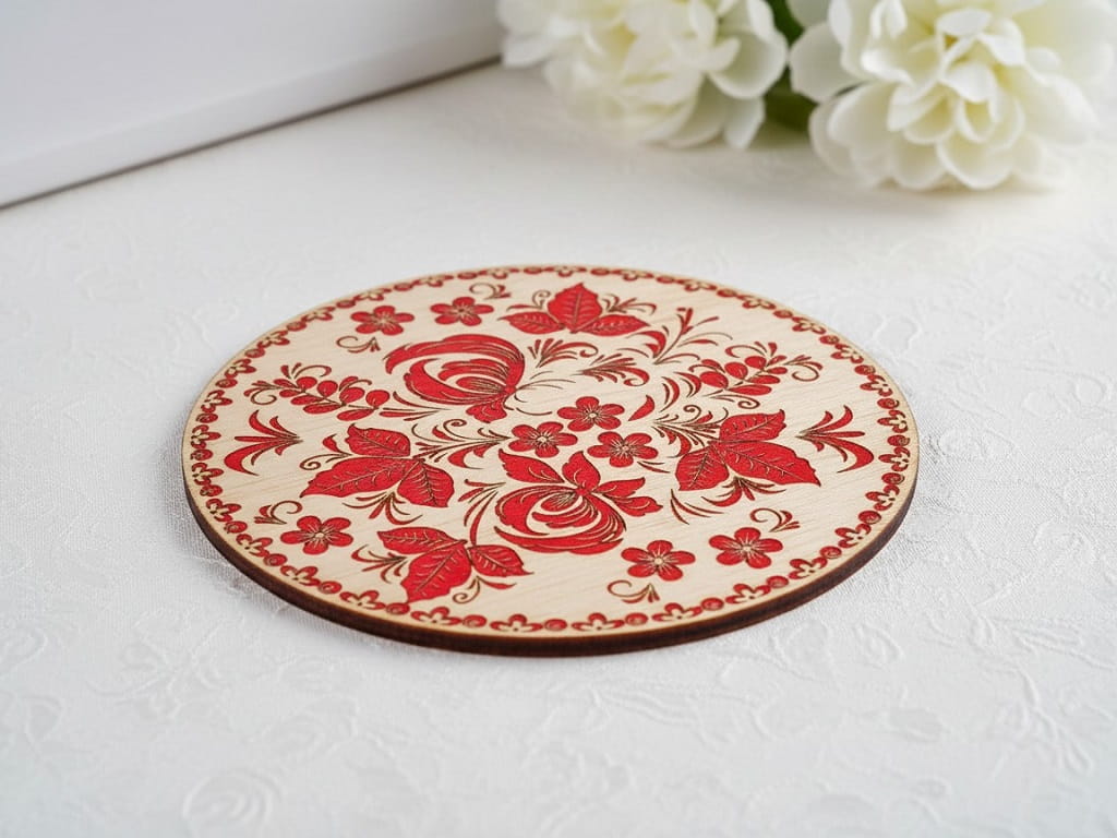 Laser Engraved Round Wooden Khokhloma Floral Drink Coaster