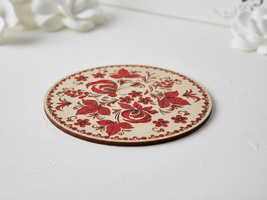 Laser Engraved Round Wooden Khokhloma Floral Drink Coaster