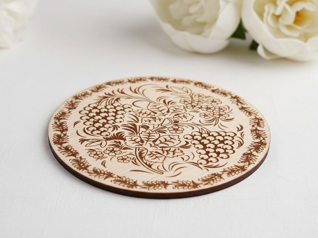 Laser Engraved Round Wooden Traditional Folk Art Drink Coaster