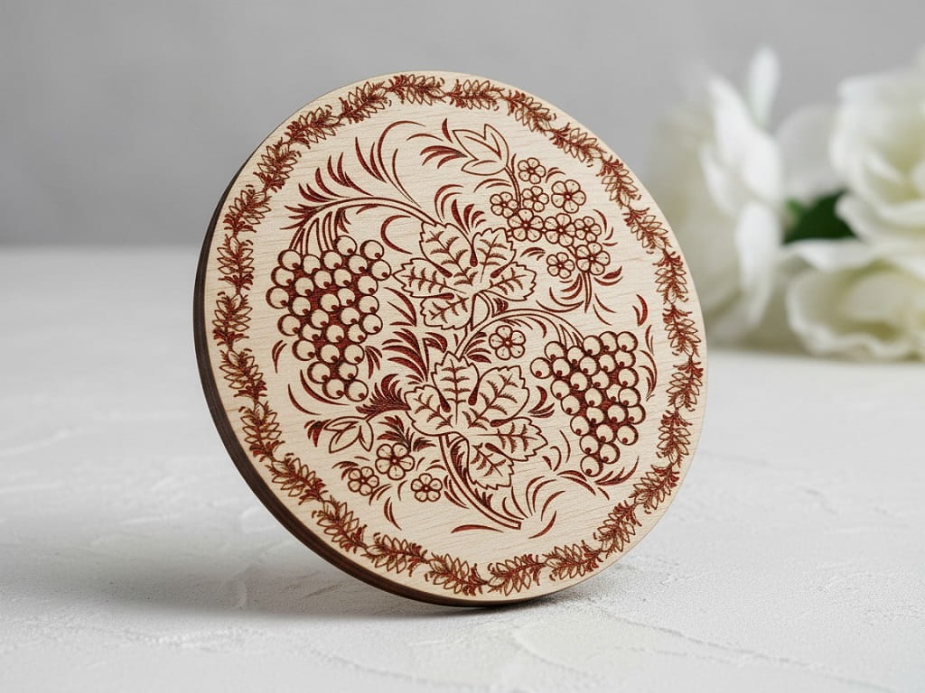 Laser Engraved Round Wooden Traditional Folk Art Drink Coaster