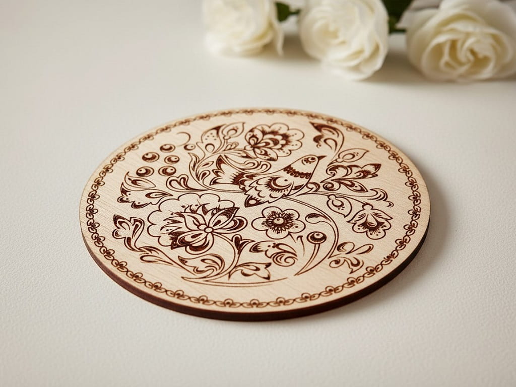 Laser Engraved Traditional Russian Khokhloma Wooden Drink Coaster