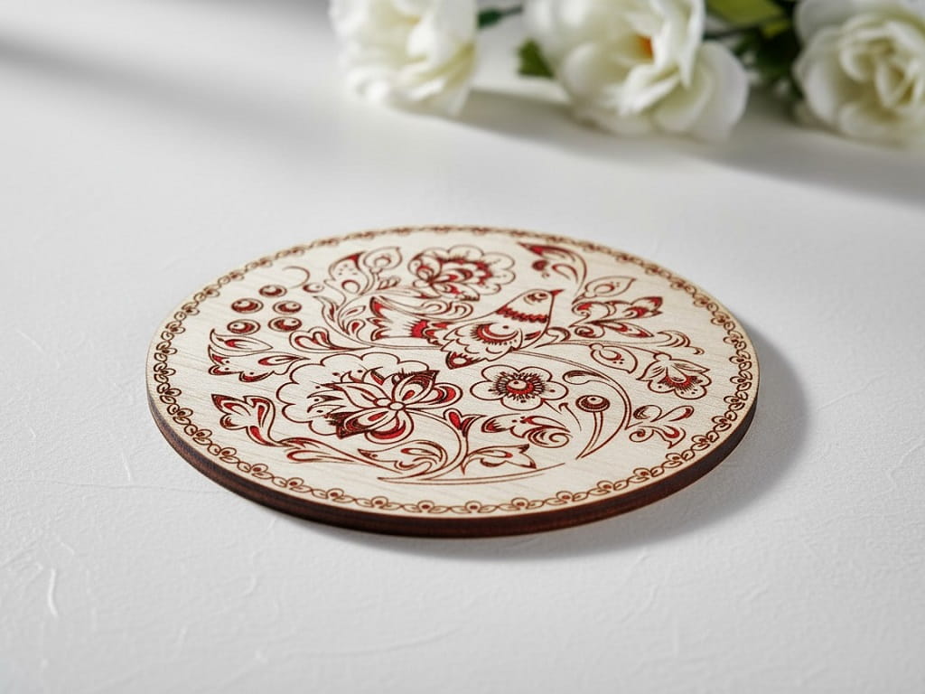 Laser Engraved Traditional Russian Khokhloma Wooden Drink Coaster