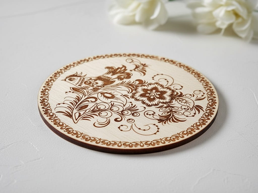 Laser Engraved Wooden Khokhloma Floral Bird Drink Coaster