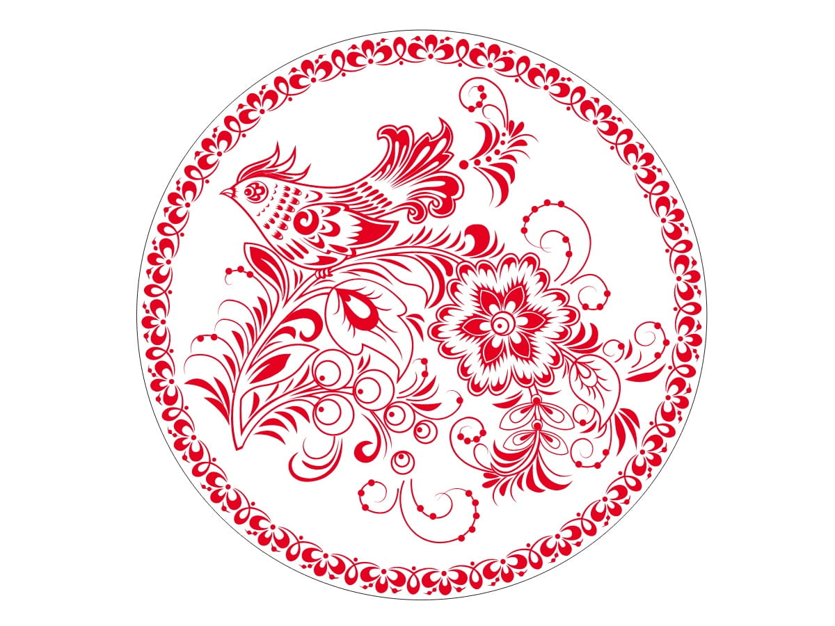 Laser Engraved Wooden Khokhloma Floral Bird Drink Coaster