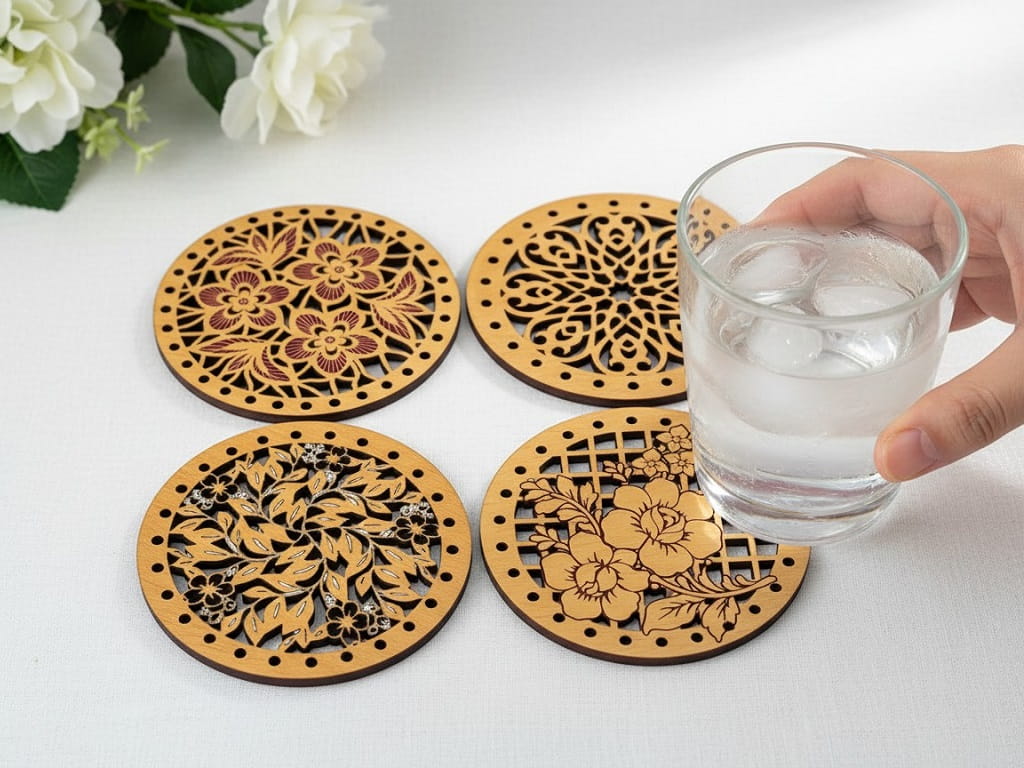 Laser Cut Wooden Floral Pattern Drink Coasters Set of Four