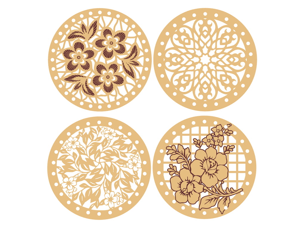 Laser Cut Wooden Floral Pattern Drink Coasters Set of Four