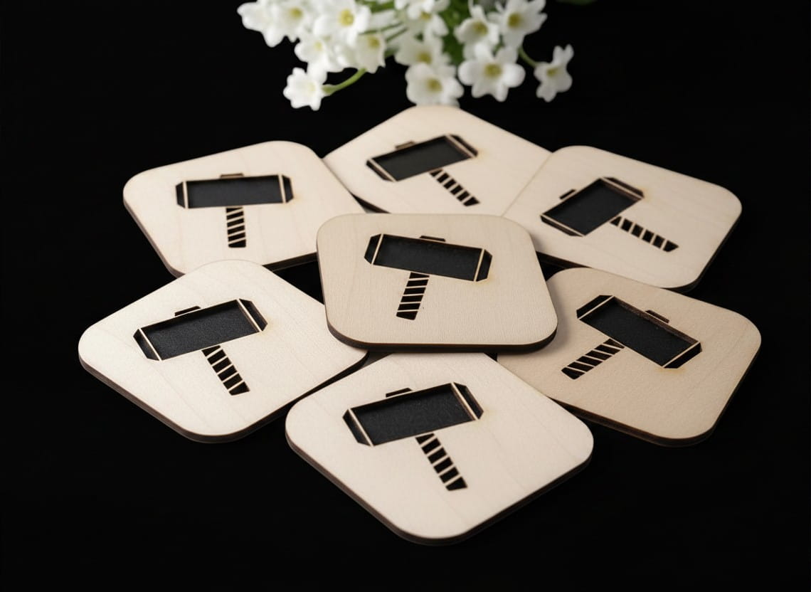 Laser Cut Wooden Thor Mjolnir Hammer Drink Coaster
