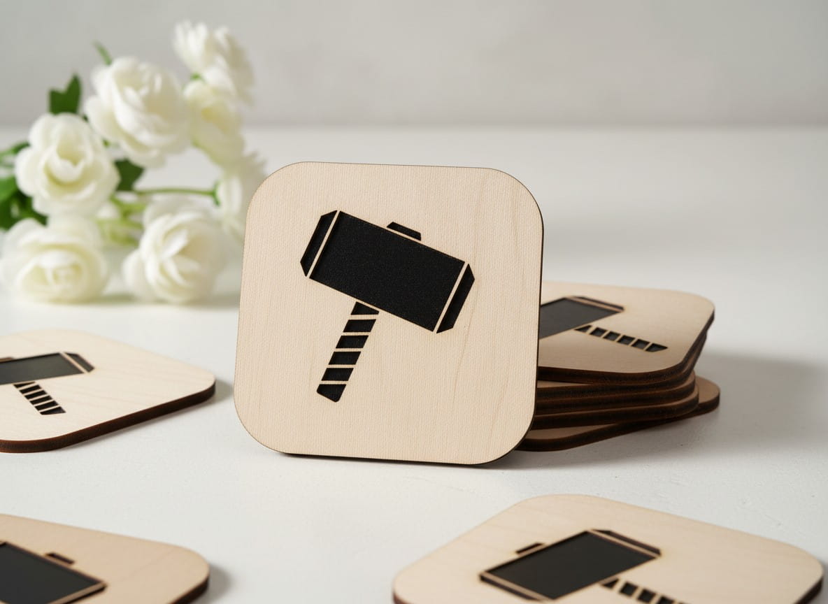 Laser Cut Wooden Thor Mjolnir Hammer Drink Coaster