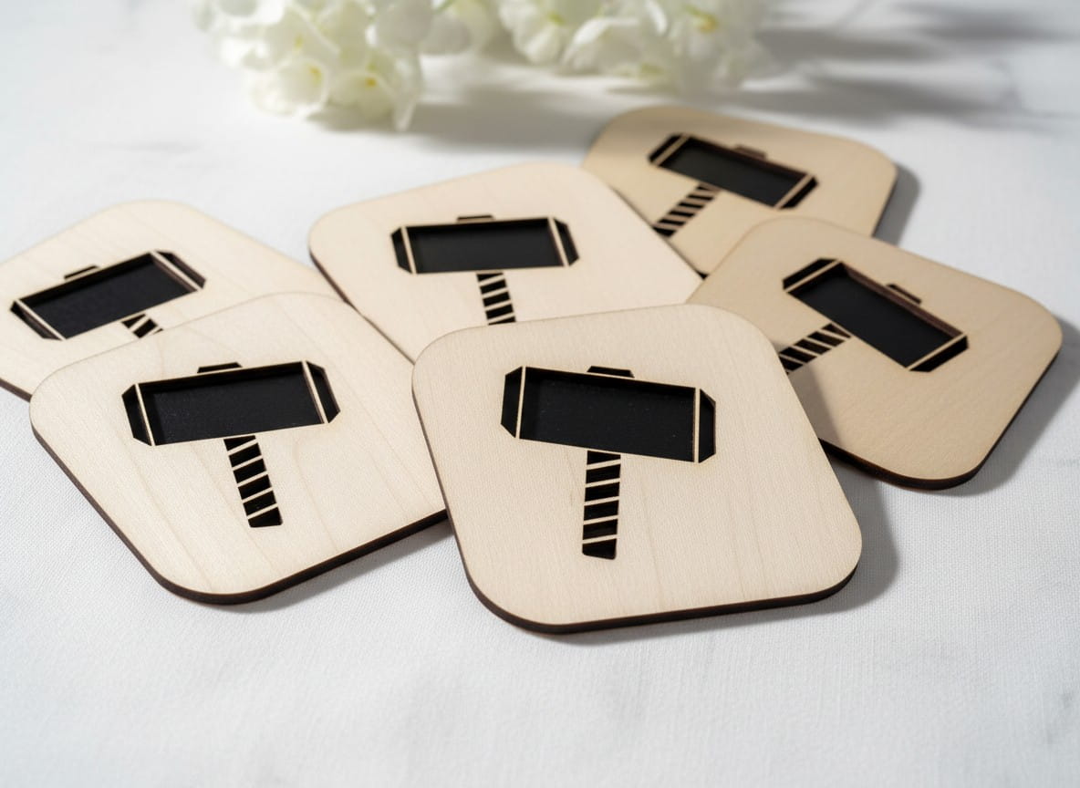 Laser Cut Wooden Thor Mjolnir Hammer Drink Coaster