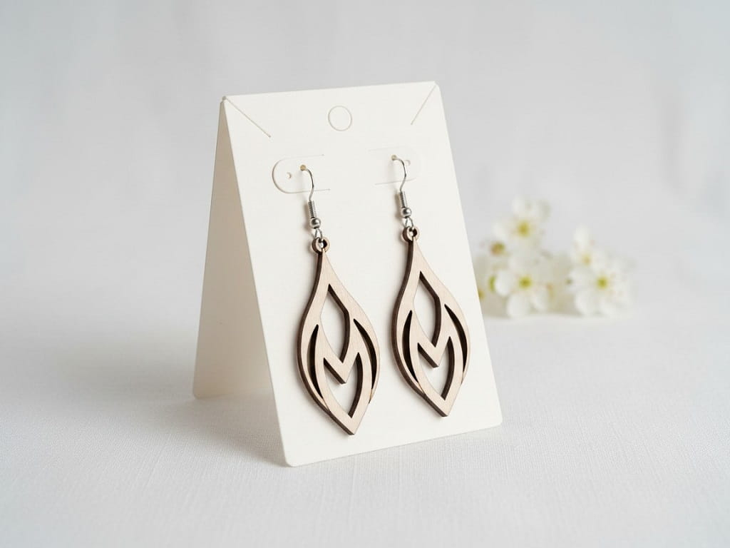 Laser Cut Wooden Openwork Leaf Dangle Earrings