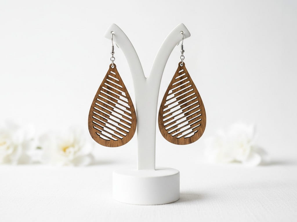 Laser Cut Wooden Geometric Teardrop Dangle Earrings