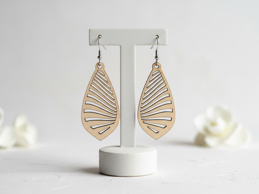 Laser Cut Wooden Curved Leaf Dangle Earrings
