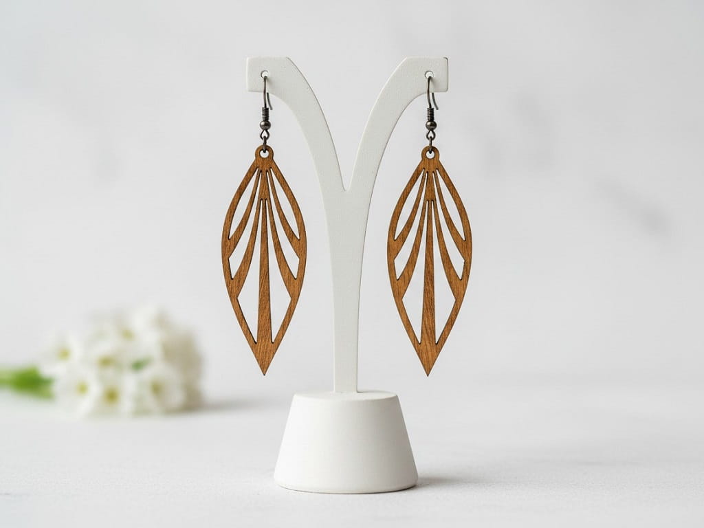 Laser Cut Wooden Geometric Leaf Dangle Earrings