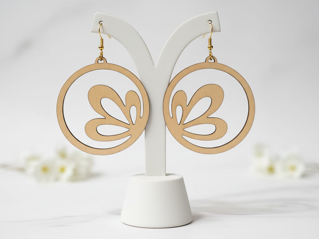 Laser Cut Wooden Flower Hoop Dangle Earrings