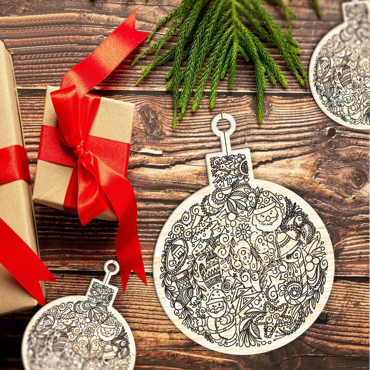 Wood Engraved Christmas Ball Ornament Laser Cut File