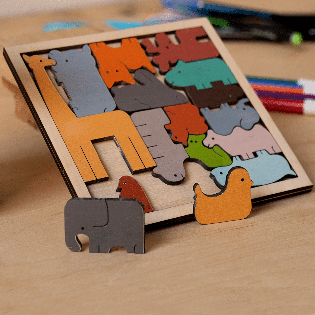 Square Animal Tetris Puzzle Board Toy for Toddlers Laser Cut File