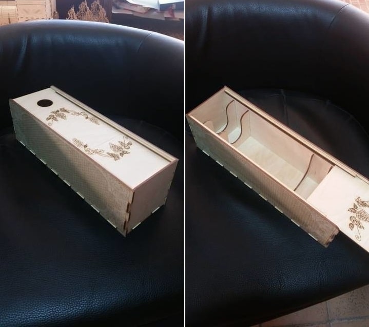 Wood Engraved Single Wine Bottle Gift Box with Sliding Lid Laser Cut File