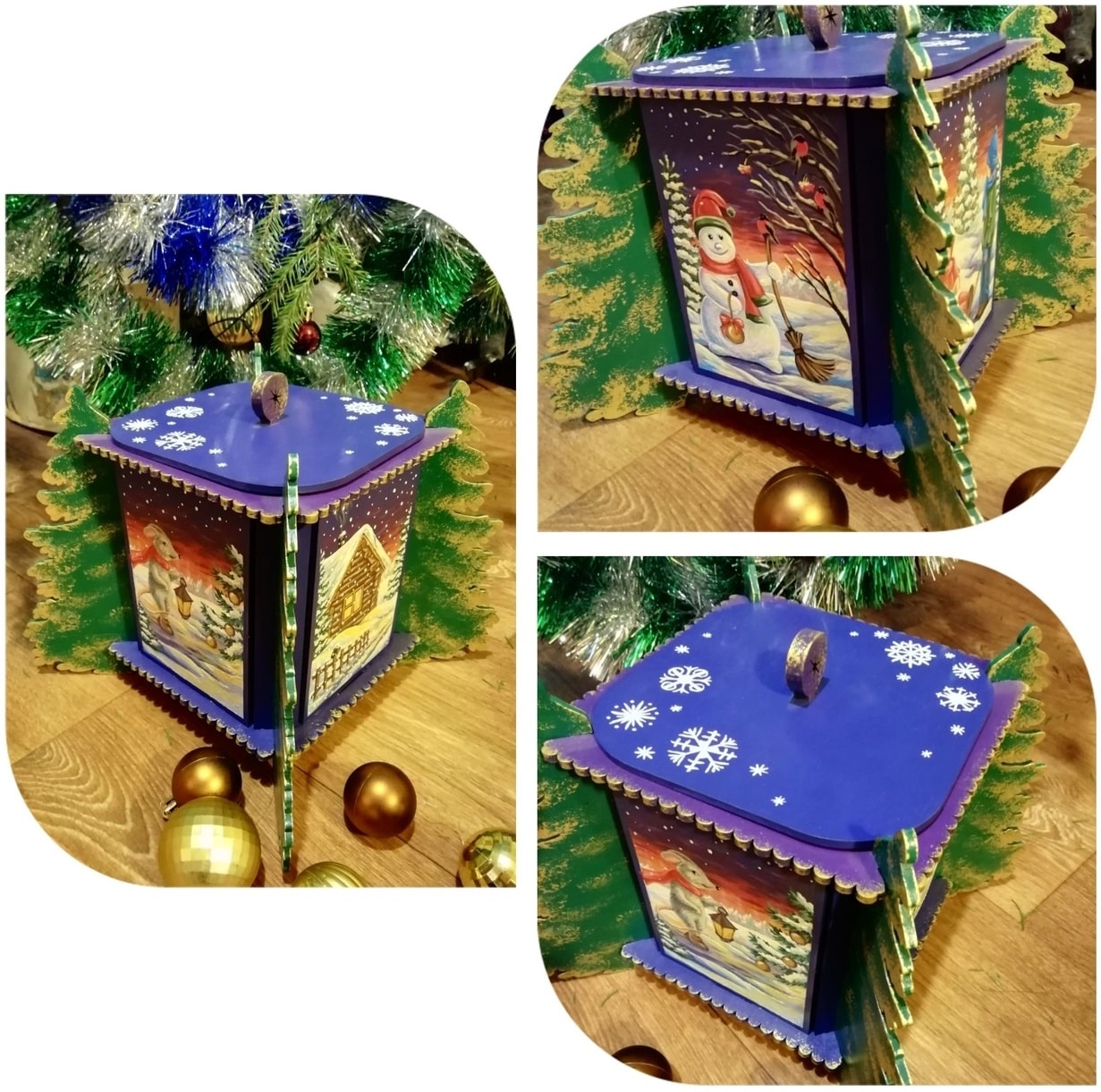Wooden Christmas Gift Box Corners Decorated with Trees Laser Cut File